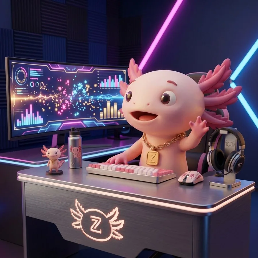 Zynko at a glowing desk setup, waving